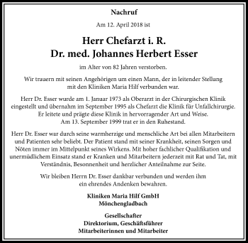Todesanzeige von Johannes Herbert Esser von Rheinische Post