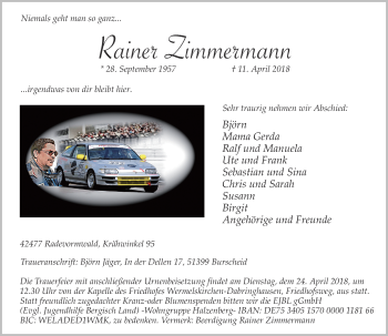 Todesanzeige von Rainer Zimmermann von Rheinische Post