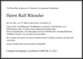 Todesanzeige von Ralf Rüsseler von Rheinische Post