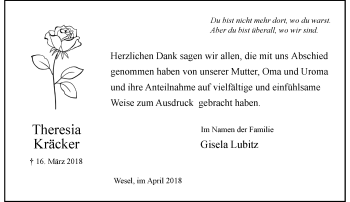 Todesanzeige von Theresia Kräcker von Rheinische Post