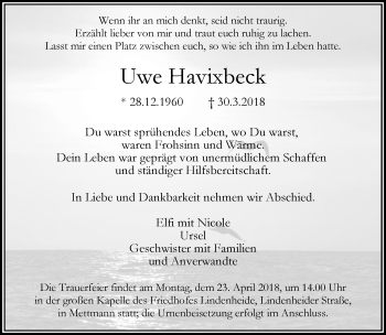 Todesanzeige von Uwe Havixbeck von Rheinische Post