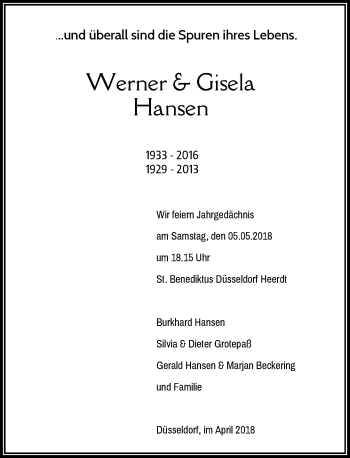 Todesanzeige von Werner und Gisela Hansen von Rheinische Post