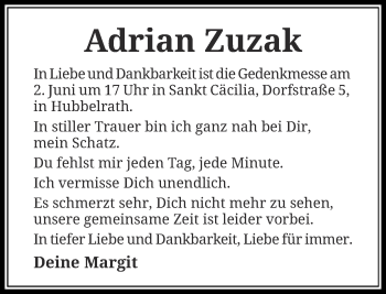 Todesanzeige von Adrian Zuzak von Rheinische Post