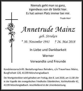 Todesanzeige von Annetrude Mainz von Rheinische Post
