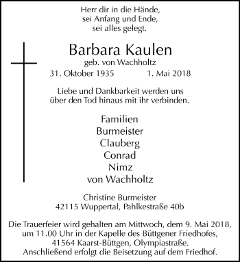 Todesanzeige von Barbara Kaulen von Rheinische Post