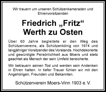 Todesanzeige von Friedrich Werth zu Osten von Rheinische Post