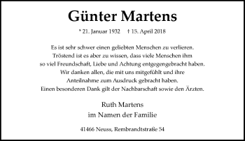 Todesanzeige von Günter Martens von Rheinische Post