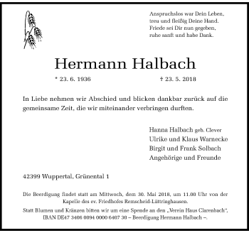 Todesanzeige von Hermann Halbach von Rheinische Post