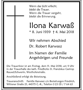 Todesanzeige von Ilona Karwaß von Rheinische Post