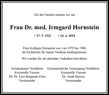 Todesanzeige von Irmgard Hornstein von Rheinische Post