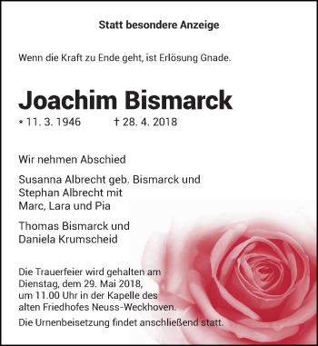 Todesanzeige von Joachim Bismarck von Rheinische Post