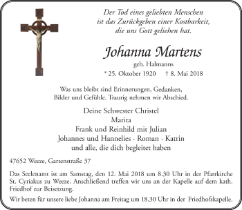 Todesanzeige von Johanna Martens von Rheinische Post