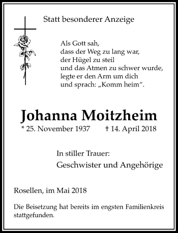 Todesanzeige von Johanna Moitzheim von Rheinische Post