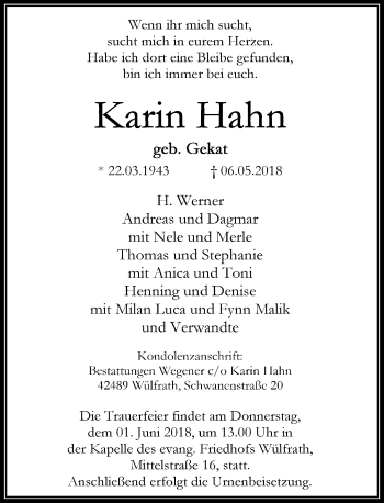 Todesanzeige von Karin Hahn von Rheinische Post