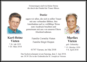 Todesanzeige von Karl-Heinz und Marlies Vieten von Rheinische Post