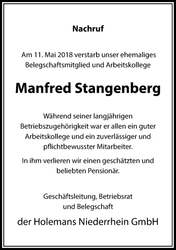 Todesanzeige von Manfred Stangenberg von Rheinische Post