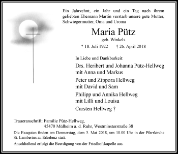 Todesanzeige von Maria Pütz von Rheinische Post