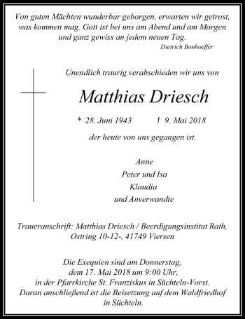 Todesanzeige von Matthias Driesch von Rheinische Post