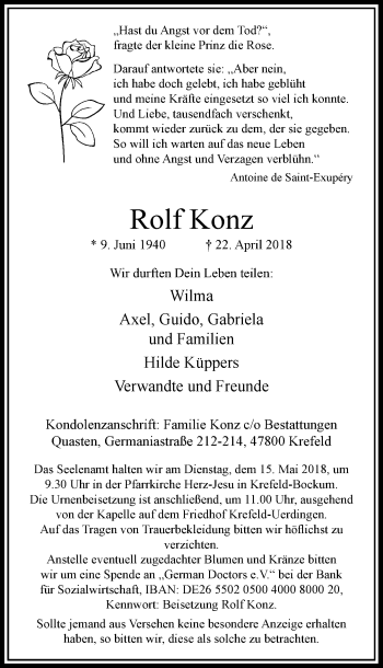 Todesanzeige von Rolf Konz von Rheinische Post