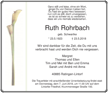 Todesanzeige von Ruth Rohrbach von Rheinische Post
