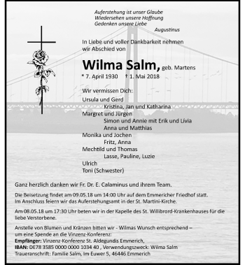 Todesanzeige von Wilma Salm von Rheinische Post