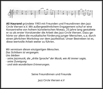 Todesanzeige von Ali Haurand von Rheinische Post