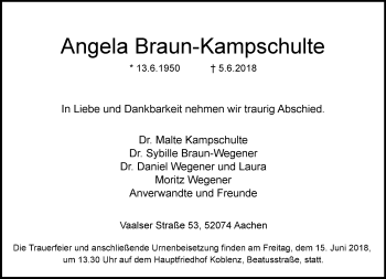 Todesanzeige von Angela Braun-Kampschulte von Rheinische Post