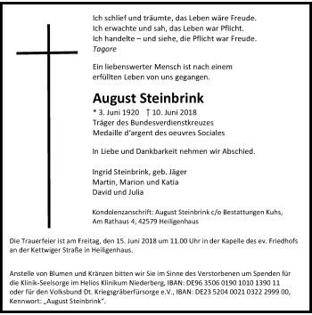 Todesanzeige von August Steinbrink von Rheinische Post