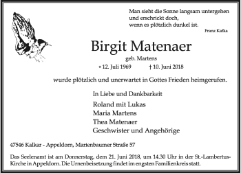 Todesanzeige von Birgit Matenaer von Rheinische Post