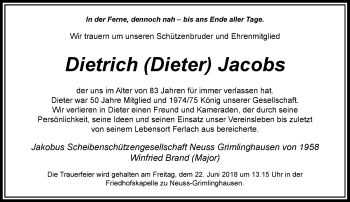 Todesanzeige von Dietrich Jacobs von Rheinische Post
