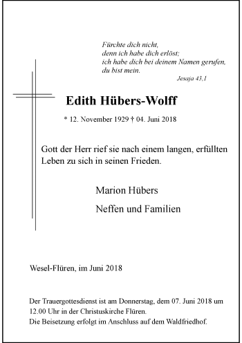 Todesanzeige von Edith Hübers-Wolff von Rheinische Post