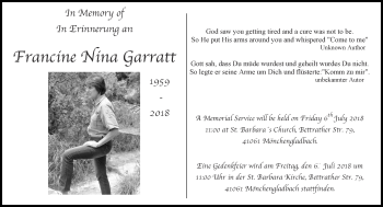 Todesanzeige von Francine Nina Garratt von Rheinische Post
