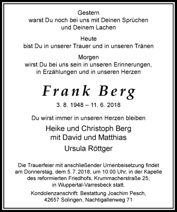 Todesanzeige von Frank Berg von Rheinische Post