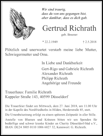 Todesanzeige von Gertrud Richrath von Rheinische Post