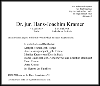 Todesanzeige von Hans-Joachim Kramer von Rheinische Post