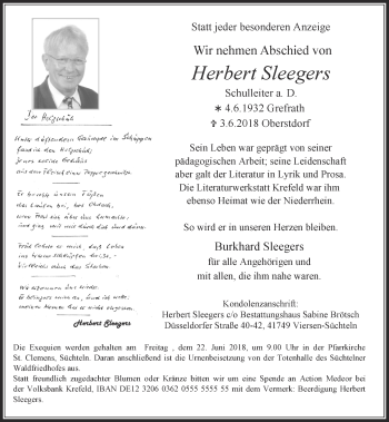 Todesanzeige von Herbert Sleegers von Rheinische Post