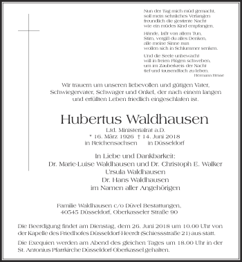 Todesanzeige von Hubertus Waldhausen von Rheinische Post