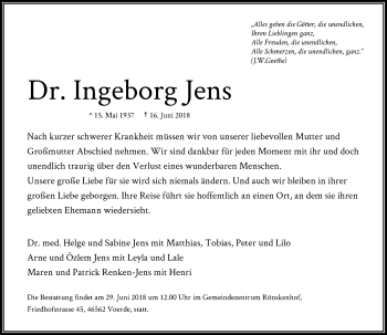 Todesanzeige von Ingeborg Jens von Rheinische Post