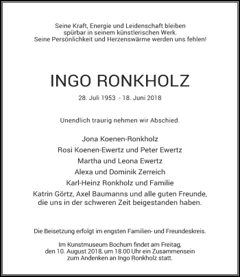 Todesanzeige von Ingo Ronkholz von Rheinische Post