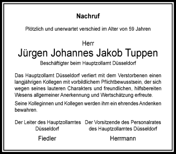 Todesanzeige von Jürgen Johannes Jakob Tuppen von Rheinische Post