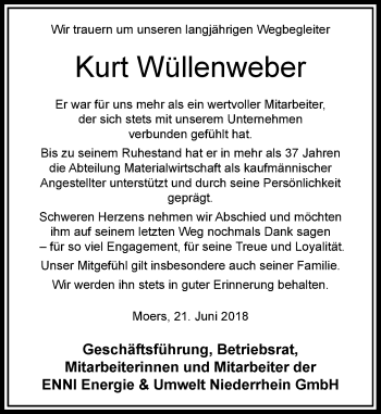Todesanzeige von Kurt Wüllenweber von Rheinische Post
