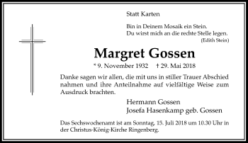Todesanzeige von Margret Gossen von Rheinische Post