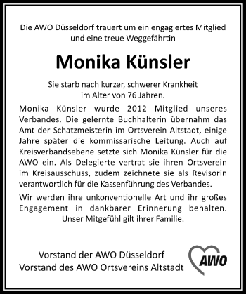 Todesanzeige von Monika Künsler von Rheinische Post