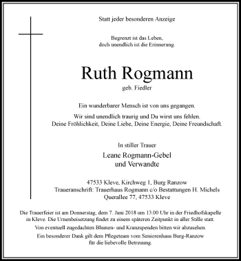 Todesanzeige von Ruth Rogmann von Rheinische Post