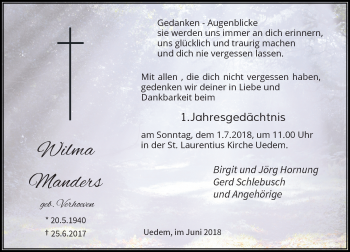 Todesanzeige von Wilma Manders von Rheinische Post