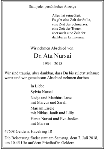 Todesanzeige von Ata Nursai von Rheinische Post