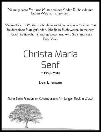 Todesanzeige von Christa Maria Senf von Rheinische Post
