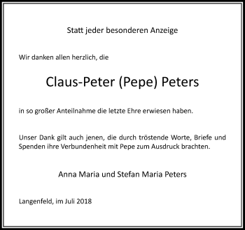 Todesanzeige von Claus-Peter Pepe Peters von Rheinische Post