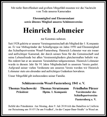 Todesanzeige von Heinrich Lohmeier von Rheinische Post
