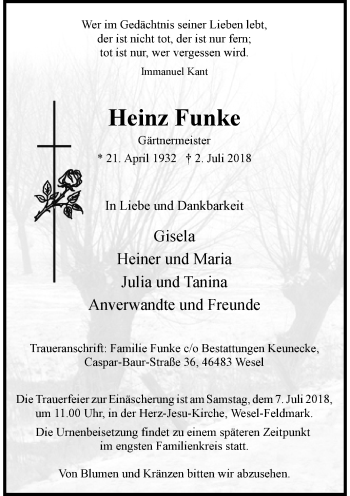 Todesanzeige von Heinz Funke von Rheinische Post